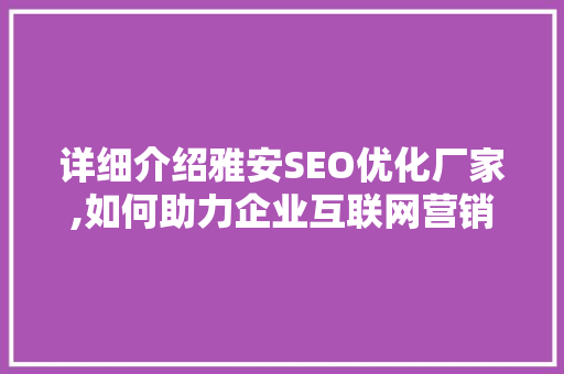详细介绍雅安SEO优化厂家,如何助力企业互联网营销腾飞