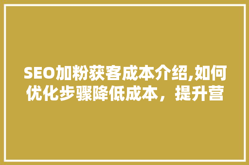 SEO加粉获客成本介绍,如何优化步骤降低成本，提升营销效果