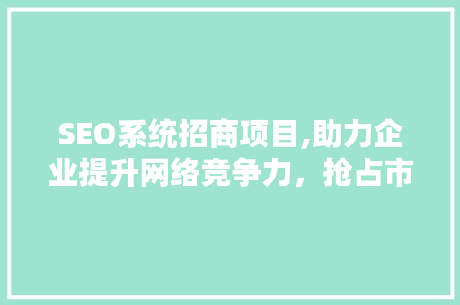 SEO系统招商项目,助力企业提升网络竞争力，抢占市场先机