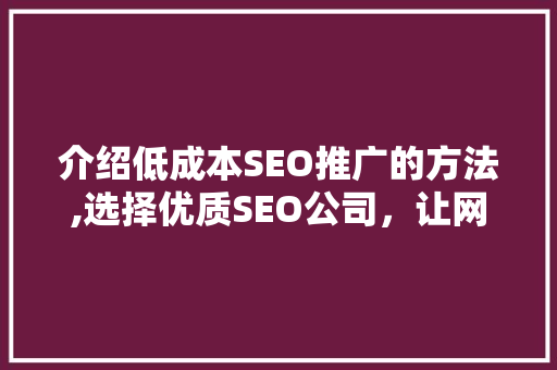 介绍低成本SEO推广的方法,选择优质SEO公司，让网站脱颖而出