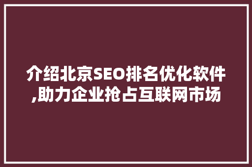 介绍北京SEO排名优化软件,助力企业抢占互联网市场制高点