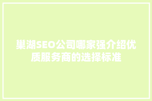 巢湖SEO公司哪家强介绍优质服务商的选择标准