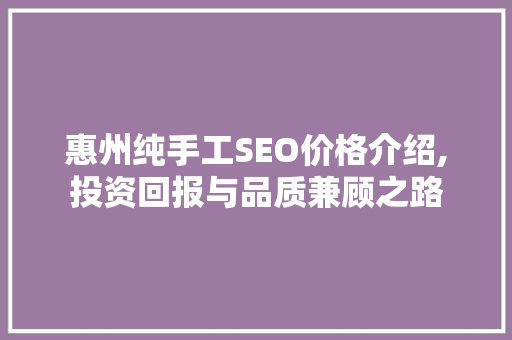 惠州纯手工SEO价格介绍,投资回报与品质兼顾之路