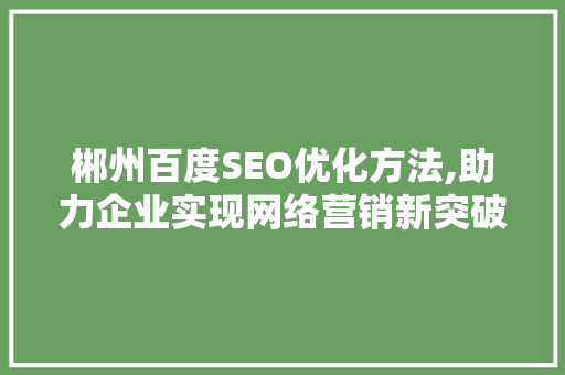 郴州百度SEO优化方法,助力企业实现网络营销新突破