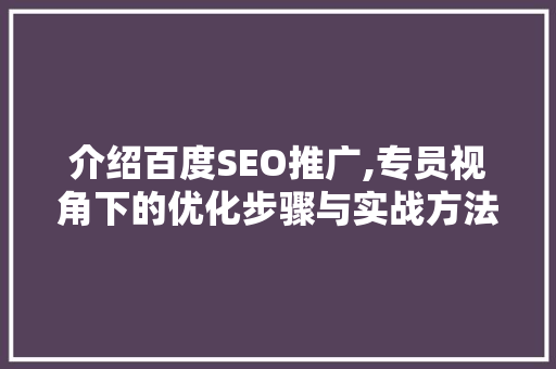 介绍百度SEO推广,专员视角下的优化步骤与实战方法