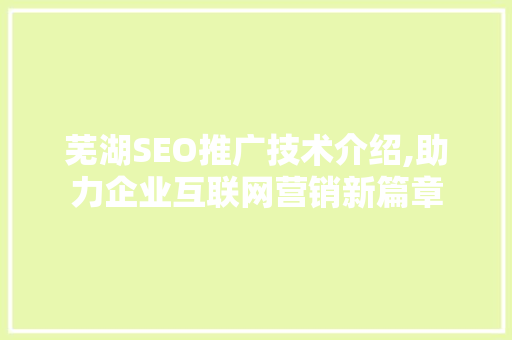 芜湖SEO推广技术介绍,助力企业互联网营销新篇章