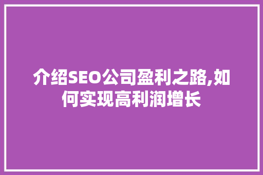 介绍SEO公司盈利之路,如何实现高利润增长