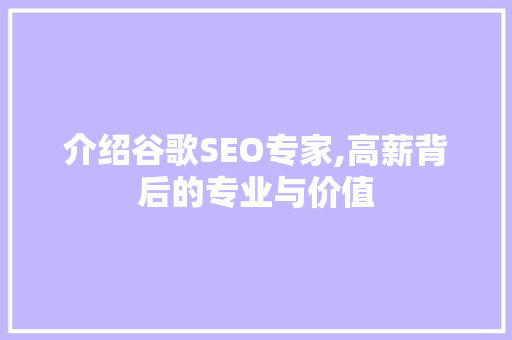 介绍谷歌SEO专家,高薪背后的专业与价值