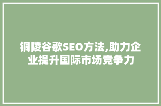 铜陵谷歌SEO方法,助力企业提升国际市场竞争力
