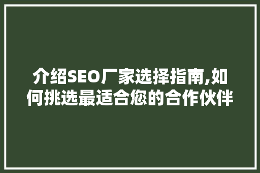 介绍SEO厂家选择指南,如何挑选最适合您的合作伙伴