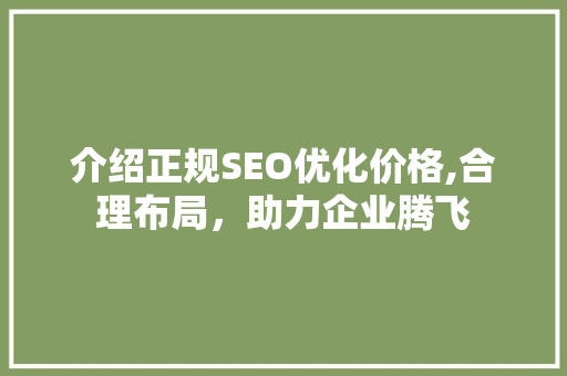 介绍正规SEO优化价格,合理布局，助力企业腾飞