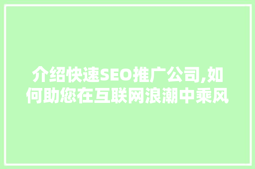 介绍快速SEO推广公司,如何助您在互联网浪潮中乘风破浪
