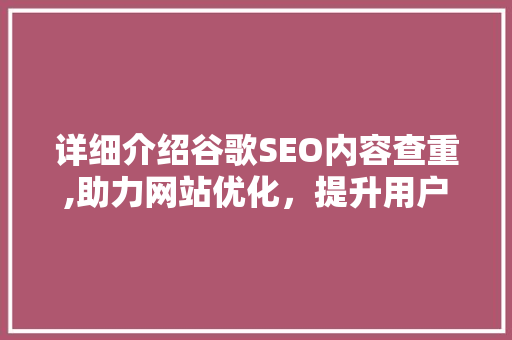详细介绍谷歌SEO内容查重,助力网站优化，提升用户体验
