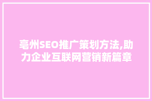 亳州SEO推广策划方法,助力企业互联网营销新篇章