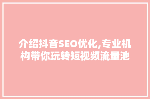 介绍抖音SEO优化,专业机构带你玩转短视频流量池