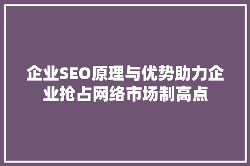 企业SEO原理与优势助力企业抢占网络市场制高点