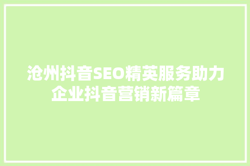 沧州抖音SEO精英服务助力企业抖音营销新篇章