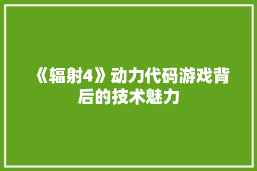 《辐射4》动力代码游戏背后的技术魅力