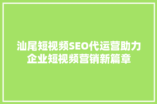 汕尾短视频SEO代运营助力企业短视频营销新篇章