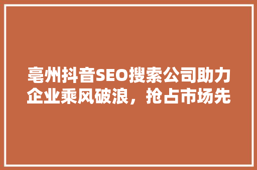 亳州抖音SEO搜索公司助力企业乘风破浪，抢占市场先机
