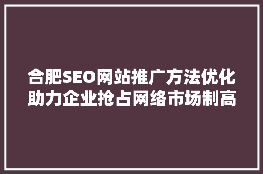 合肥SEO网站推广方法优化助力企业抢占网络市场制高点