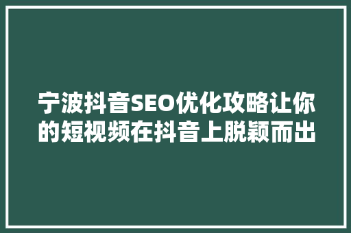 宁波抖音SEO优化攻略让你的短视频在抖音上脱颖而出