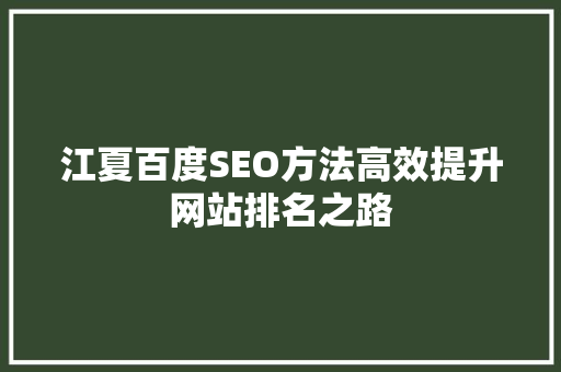 江夏百度SEO方法高效提升网站排名之路