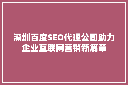 深圳百度SEO代理公司助力企业互联网营销新篇章
