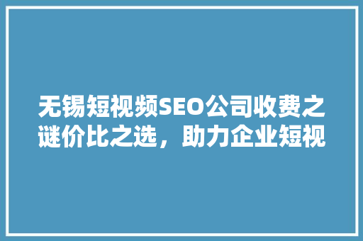 无锡短视频SEO公司收费之谜价比之选，助力企业短视频营销腾飞