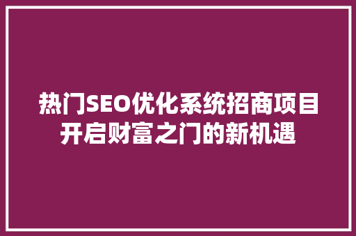 热门SEO优化系统招商项目开启财富之门的新机遇