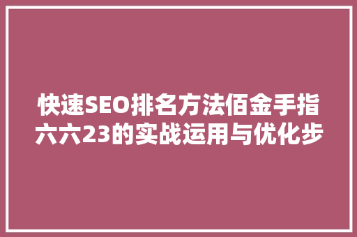快速SEO排名方法佰金手指六六23的实战运用与优化步骤