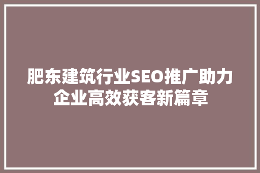 肥东建筑行业SEO推广助力企业高效获客新篇章