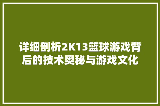 详细剖析2K13篮球游戏背后的技术奥秘与游戏文化