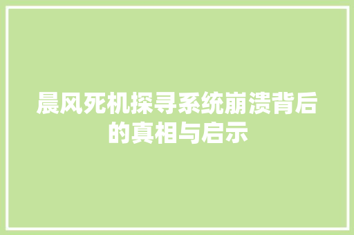 晨风死机探寻系统崩溃背后的真相与启示
