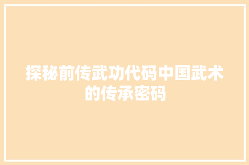 探秘前传武功代码中国武术的传承密码